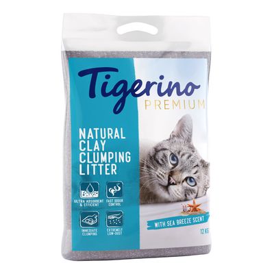 Tigerino Premium Natural Clay Clumping Litter, ultra absorbent, fast odour control, immediate clumping, extremely low-dust, Baby Powder Duft, 12 kg.