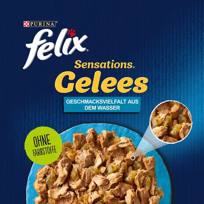 Purina Felix Sensations Gelees, válogatott ízek a vízből, színezék nélkül. Közeli kép zselében lévő darabokról. Purina Felix Sensations Gelees, válogatott ízek a vízből, színezék nélkül. Közeli kép zselében lévő darabokról.