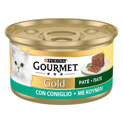 Purina Gourmet Gold Paté fino con pollo, lata con imagen de un gato blanco y paté. Símbolo verde indica 24 latas.