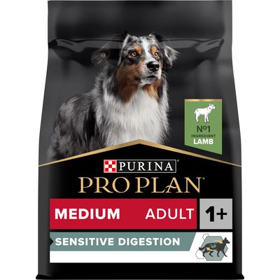 Purina Pro Plan Medium Adult 1+ Sensitive Digestion kutyatáp csomagolás, No1 Ingredient Lamb felirattal, közepes testű felnőtt kutyáknak, bárány fő összetevőként.