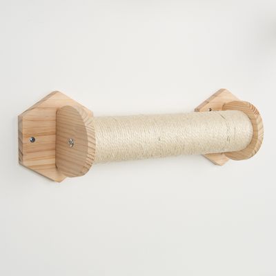 Wall-mounted scratching post made of wood wrapped with sisal rope, suitable for cats for scratching and climbing.