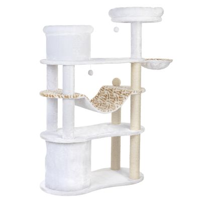 Cat tree with white plush cover, multiple levels, hammock, cave and sisal posts. Includes play balls on strings.