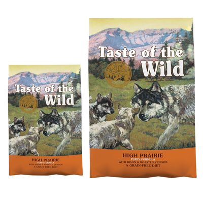 Taste of the Wild Pine Forest Canine Formula mit Wild und Hülsenfrüchten, getreidefreie Ernährung. Verpackung mit Waldmotiv und Tieren.