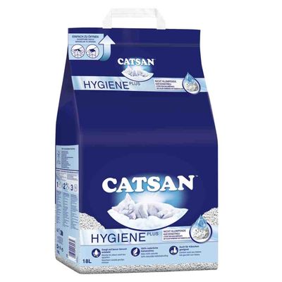 Catsan Hygiene Plus Katzenstreu, nicht klumpend, 18L. Saugt auf bevor Geruch entsteht, 100% natürliche Katzenstreu, auch für Kätzchen geeignet. Einfach zu öffnen Anleitung oben rechts.