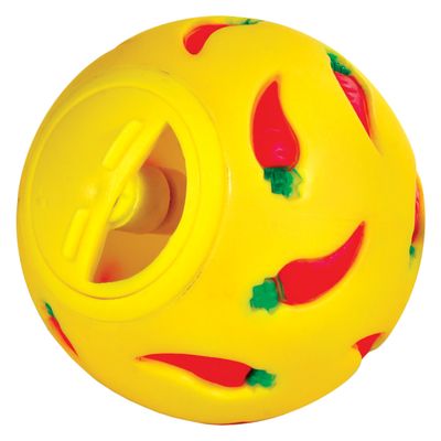 Pelota redonda de juego con diseño de zanahoria y abertura para dispensar golosinas, blanca con detalles naranja y verdes.