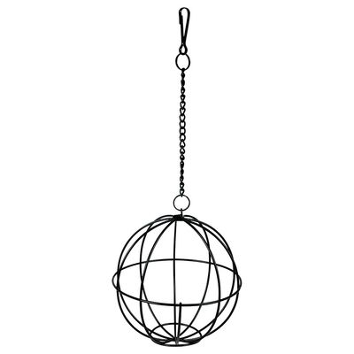 Bola de alimentación de metal negro con cadena y mosquetón para colgar, apta para comida o snacks.