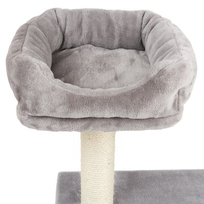 Grey, padded cat bed on a scratching post with sisal-wrapped trunk.