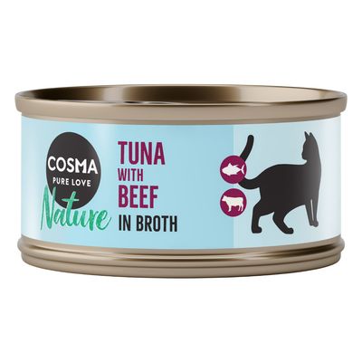 Cosma Pure Love Nature Pacific Tuna in Broth. Cat food can with silhouette of a cat and fish symbol.