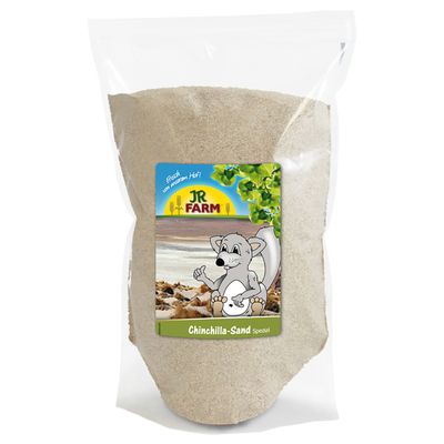 JR Farm Chinchilla Sand Spezial, packaging with drawing of a chinchilla and text 'Frisch vom eigenen Hof'.