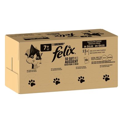 Purina Felix So gut wie es aussieht, vegyes válogatás zselében 7 év feletti macskáknak. 15 adag marhával, lazaccal, csirkével és tonhallal. Mesterséges aromák nélkül, 100% kiegyensúlyozott.