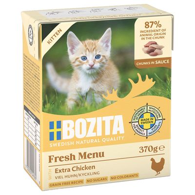 Bozita Swedish Natural Quality Kitten csirkehússal, 370g. Gabonamentes, FOS, béta-glükán, falatkák szószban. 100% állati fehérje. Természetes összetevőkből Vårgårda-ban készült.