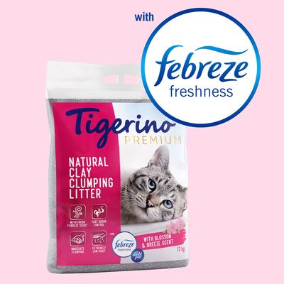 Natural clay clumping litter with Febreze freshness, fast odour control, immediate clumping, low dust, and blossom & breeze scent. 12kg bag shown.