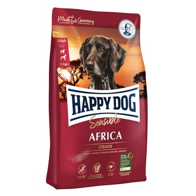 Happy Dog Sensible Africa Strauss, za odrasle pse od 11 kg, proizvedeno u Njemačkoj. Sastojci: noje, bez glutena, lako probavljivo. Oznaka za održivo pakiranje.