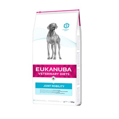 Opakowanie karmy Eukanuba Veterinary Diets Joint Mobility dla psów, masa netto 12 kg. Widoczny duży pies oraz tekst: VETERINARY DIETS, JOINT MOBILITY.