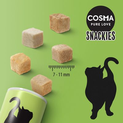 Cosma Pure Love Snackies cubes shown with size guide indicating 7 to 11 mm, next to a silhouette of a cat and product container.
