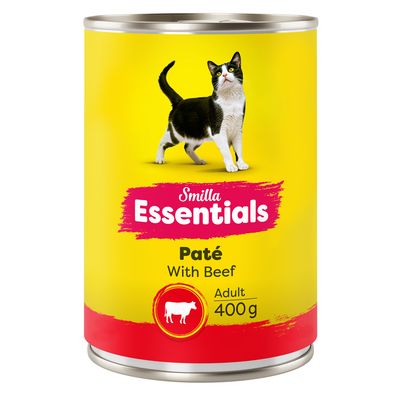 Smilla Essentials pástétom marhával, felnőtt, 400g konzerv. Sárga dizájn macskával és piros akcentussal.