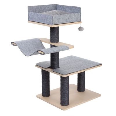 Cat tree with three levels made of wood, grey felt and sisal. Top level with padded sleeping area, middle level with curved lying surface, bottom level with flat platform.