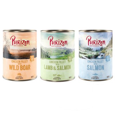 Purizon mokra karma dla dorosłych kotów, filet z kurczaka z łososiem, 45% filetu z kurczaka, opakowanie: 24x400g.