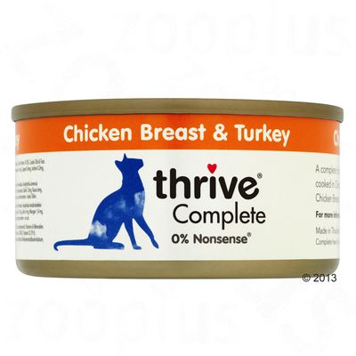 Tin labelled Chicken Breast & Turkey, thrive Complete, 0% Nonsense. Features a blue animal silhouette and product information text.