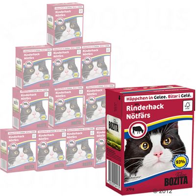 Bozita Tetra Recart mačja hrana, Rinderhack Nötfärs, 370 g, crvena ambalaža s fotografijom mačke i oznakom 93 % životinjskih sastojaka. Prikazano više pakiranja.