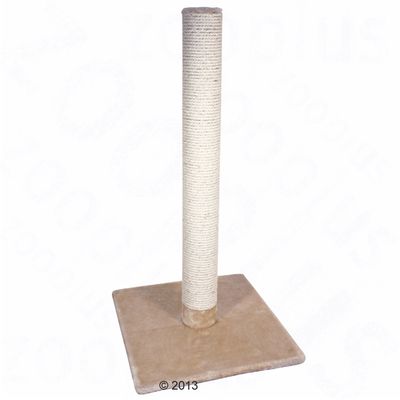 Cat tree with beige base and sisal-wrapped scratching post, suitable for cats to scratch and play.