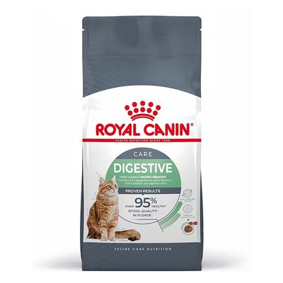 Royal Canin Digestive Katzenfutter. Hilft, eine gesunde Verdauung zu unterstützen. 95% gesunde Stuhlqualität in 10 Tagen laut interner Studie. Abgebildet: Krokettenform und Verpackung.
