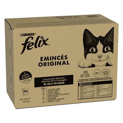 Purina Felix Emincés Original Countryside Selection aszpikban, 120x85g. Színezék nélkül, 100% kiegyensúlyozott, csirkével és marhával. Csomag súlya: 10,2kg.