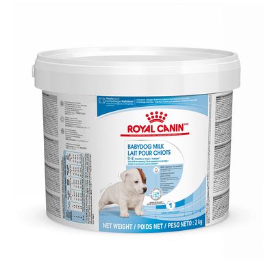Royal Canin Babydog Milk 5x400 g, születéstől elválasztásig, 0–2 hónapos kölyökkutyáknak. Könnyen feloldódik. Csomagoláson: kutyakölyök képe.