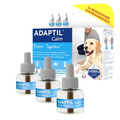 ADAPTIL Calm Difusor y Recambio 48 ml. Ayuda al perro a adaptarse en situaciones de estrés. 30 días/dias recarga. Recomendado por veterinarios. Imagen de perro labrador en el envase.