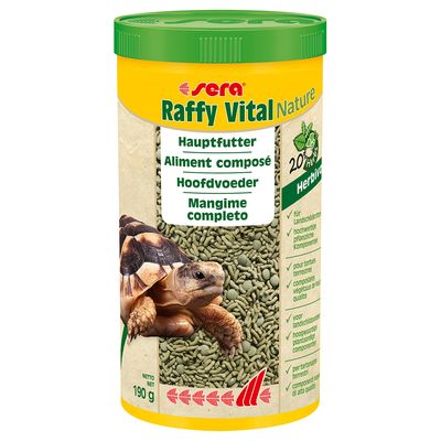 Sera Raffy Vital Nature alimento principal para tortugas terrestres, 190g. Componentes vegetales de alta calidad, apto para herbívoros. Descripción multilingüe en el envase.