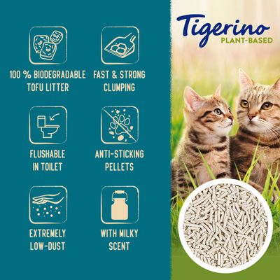 Tigerino plant-based litter features: 100% biodegradable tofu, fast and strong clumping, flushable in toilet, anti-sticking pellets, extremely low-dust, with milky scent.