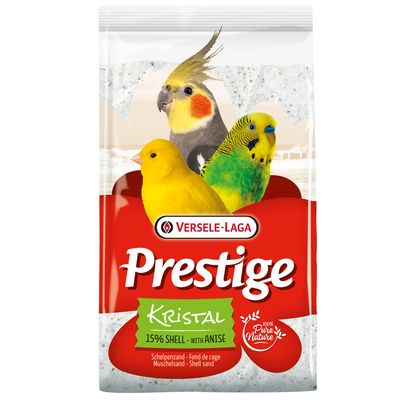 Versele-Laga Prestige Kristal arena de conchas con anís, 15% conchas, 100% Pure Nature. El envase muestra tres aves: canario, periquito y ninfa.