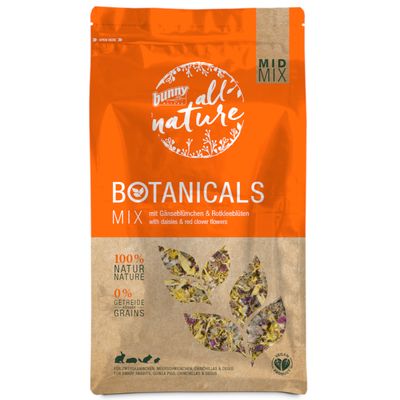 bunny nature BOTANICALS MIX mit Gänseblümchen & Rotkleeblüten, 100% NATUR, 0% GETREIDE, MID MIX, vegán termék. Törpenyúl, tengerimalac, csincsilla és degu számára.
