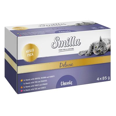 Smilla Deluxe vegyes csomag macskaeledel, 4x85g. Változatok: falatok csirkével, pulykával, lazaccal, vaddal; mousse csirkével, tonhallal, pulykával, tojással.