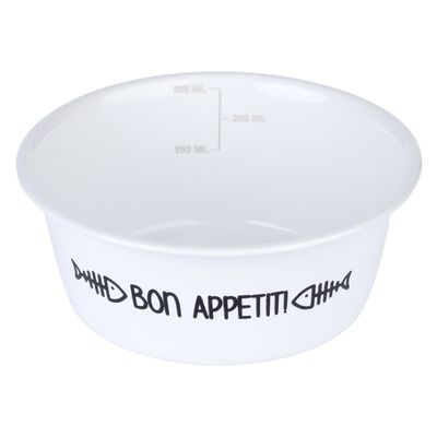 Bijela zdjelica za hranu s natpisom 'Bon Appetit!' i motivom riblje kosti. Unutra vidljiva mjerna skala za 100 ml, 200 ml i 300 ml.
