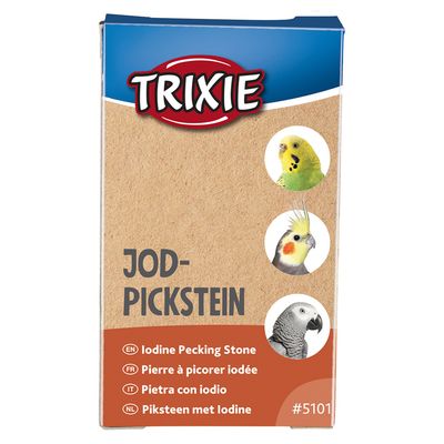 Trixie Jod-Pickstein para aves. El envase muestra periquito, ninfa y loro gris. Descripción multilingüe: EN, FR, IT, NL. Número de artículo #5101.