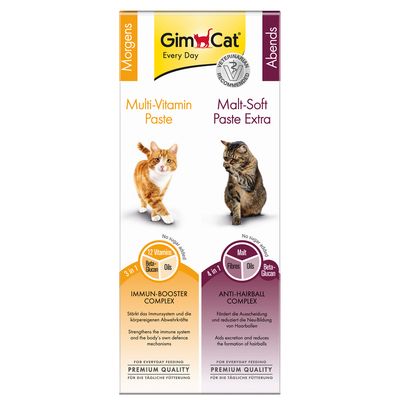 GimCat Multi-Vitamin Paste con complejo inmunoestimulante y Malt-Soft Paste Extra con complejo anti bolas de pelo. Recomendado mañana y noche, sin azúcar añadido, calidad premium para alimentación diaria.