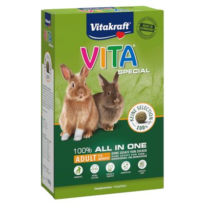 Vitakraft VITA Special törpenyúl főeledel, 100% All-in-One, felnőtt >6 hónap, hozzáadott cukor nélkül, Made in Germany, színezék, tartósítószer és aroma nélkül.