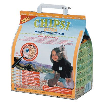 CHIPSI ULTRA estructura granulado fino, envase de 10 litros para pequeños animales. Texto visible: Saugkraft, Geruchsbindung, Effektivität, Hygienepower, sanft und leicht.