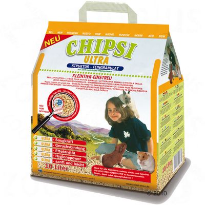 Chipsi Ultra small pet litter packaging showing product features such as absorbency, odour control, effectiveness, hygiene, and lightweight. 10 litre size with images of small animals.