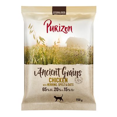 Purizon Ancient Grains Sterilised, Huhn mit Hering, Dinkel und Hafer. 65% tierische Zutaten, 20% Getreide, 15% Obst & Gemüse. Packungsgrösse: 150g.