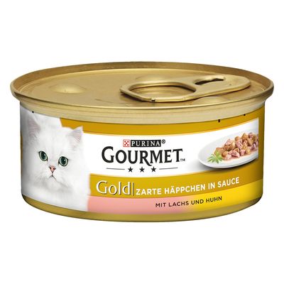 Lata de comida para gatos Purina Gourmet Gold Zarte Häppchen in Sauce, mit Lachs und Huhn. Imagen de un gato blanco y trozos de alimento en salsa en un plato.