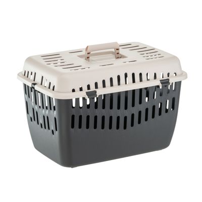 Transportna kutija od plastike s ventilacijskim otvorima, uklonjivim poklopcem i ručkom za nošenje. Boja: siva i bež.