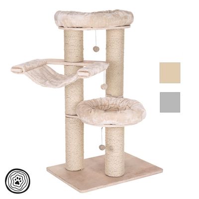 Cat tree with three levels, two padded resting areas, a hammock and play balls. Colours: beige and grey.