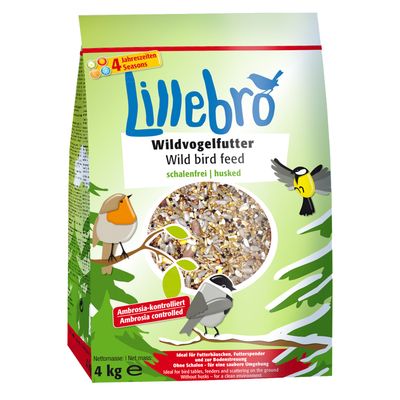 Lillebro Wildvogelfutter Wild bird feed, schalenfrei, Ambrosia-kontrolliert, nettó tömeg: 4 kg. 4 Jahreszeiten Seasons. Ambrosia controlled. Husked.