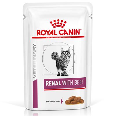 Royal Canin Veterinary Renal mit Rind, dünne Scheiben in Sosse. Verpackung zeigt eine Katze und Produktabbildung.