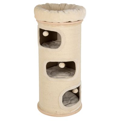 Cat tree in cylindrical shape with three levels, padded resting areas and play balls. Black cat lying on the top platform.