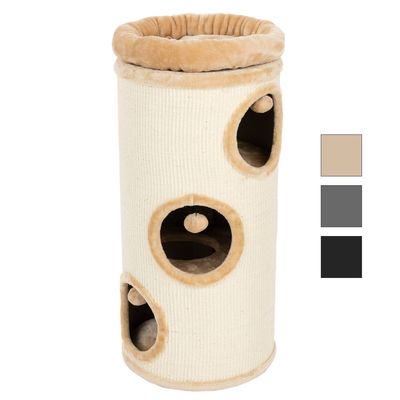 Cat tree in cylindrical shape with three openings, beige plush padding and play balls. Colour options: beige, grey, black.