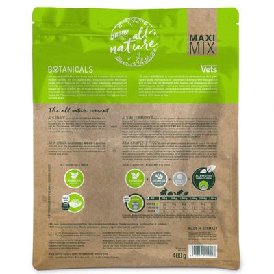 Bunny all nature Botanicals MAXI MIX, 400 g. Etetési útmutató testsúly szerint, vitaminok, teljes értékű eledel ikonok, német és angol nyelvű leírás, Made in Germany felirat.