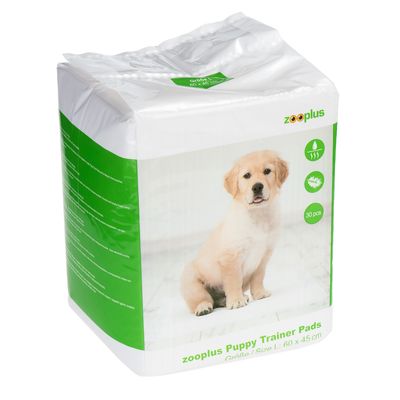 zooplus Puppy Trainer Pads, L méret: 60 x 45 cm, 30 darab. Csomagolás zöld szimbólumokkal: nedvszívó, szagtalan, puha.